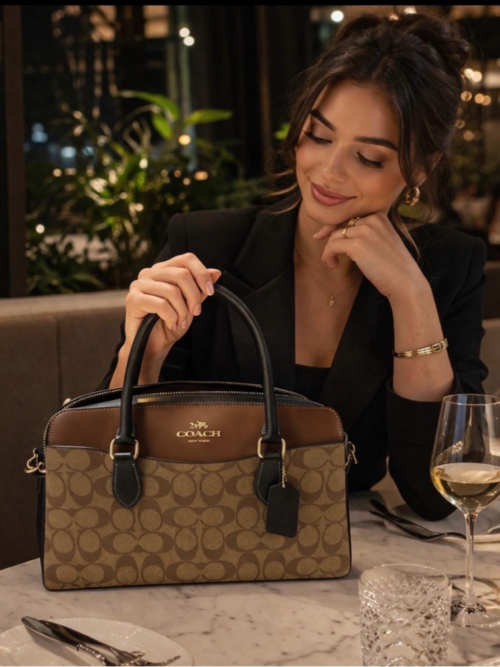 Coach Brown Signature Canvas Satchel with Black Trim - Picture 15 of 16